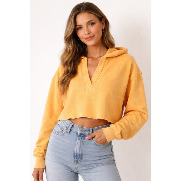 aerie Tops - Aerie Womens Hoodie Sweatshirt Yellow Orange Size L Cropped V-Neck Raw Hem